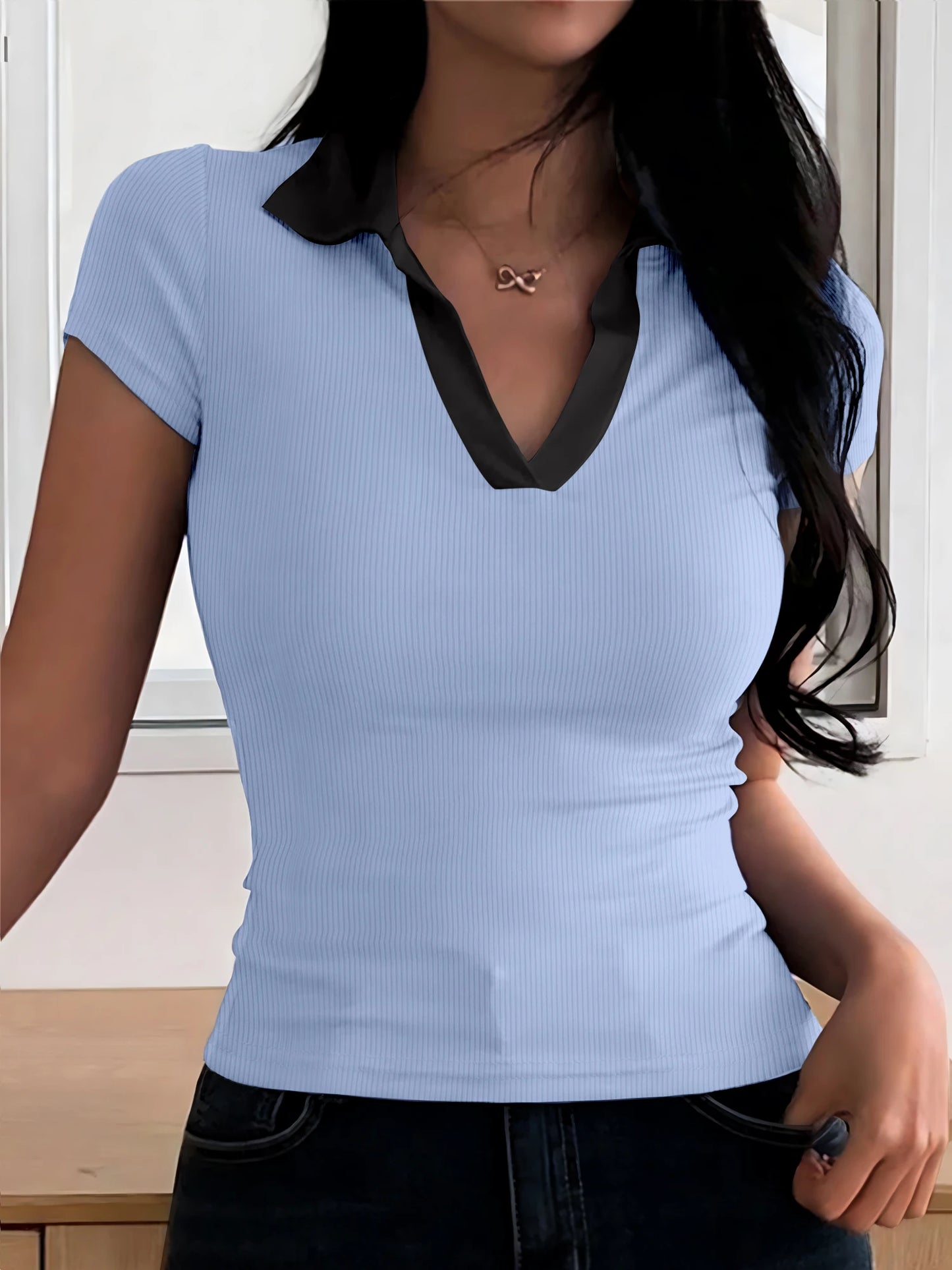 Dam T-shirt | Slim Fit, V-ringad 100% Bomull, Färgglad Design 6
