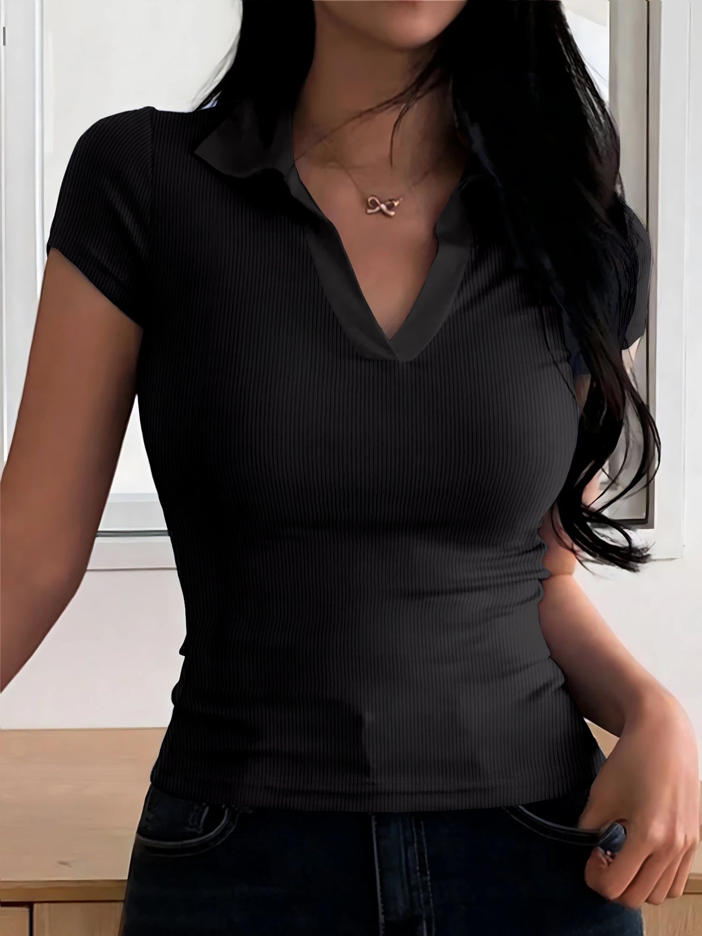 Dam T-shirt | Slim Fit, V-ringad 100% Bomull, Färgglad Design 7