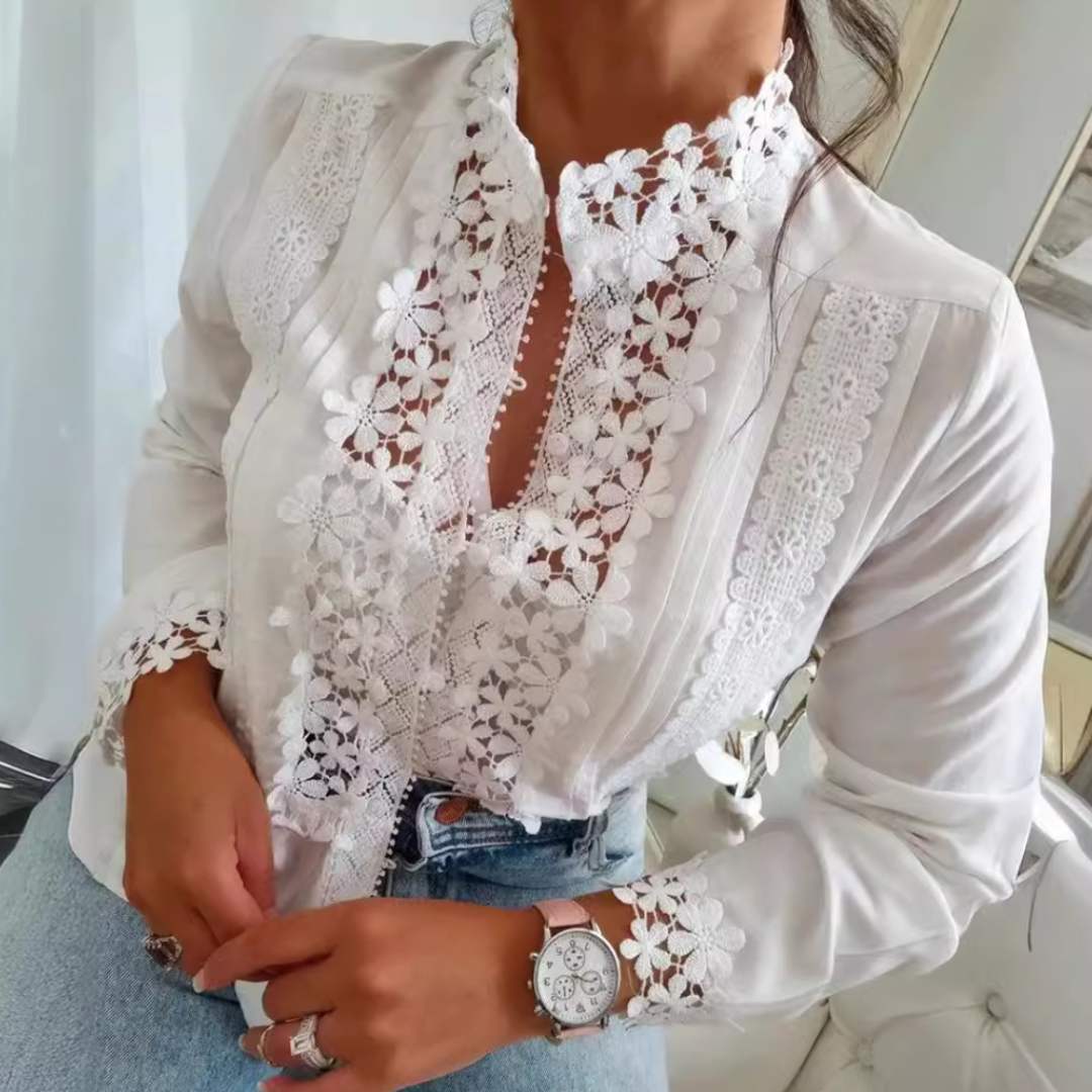 Dam Vit Blus | Spetsdetaljer, Blommönster | Selina 3