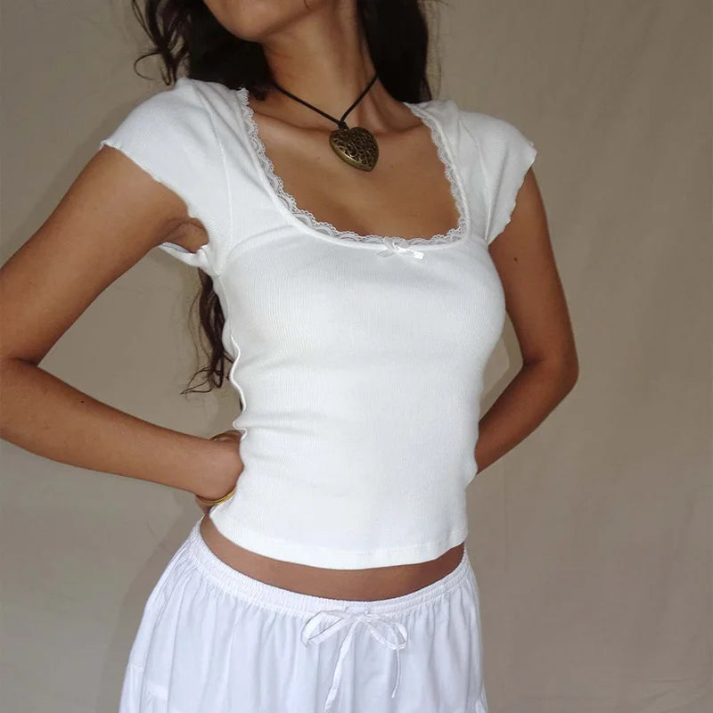Kvinna Vintage T-shirt | Spetsdetalj, Crop Top | Nova 6