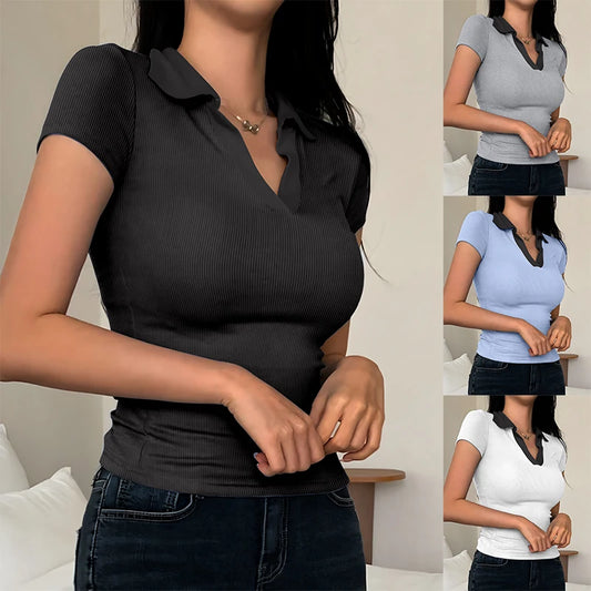 Dam T-shirt | Slim Fit, V-ringad 100% Bomull, Färgglad Design 0