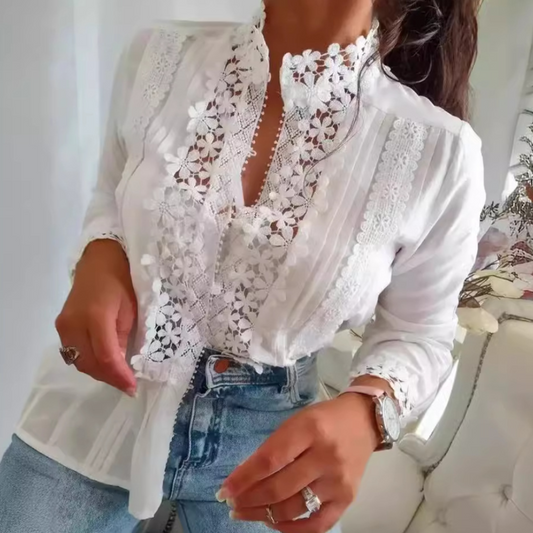 Dam Vit Blus | Spetsdetaljer, Blommönster | Selina 1