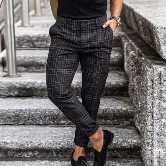 Herr Slim Tapered Byxor | Stretch, Rutig Design | Leo 0