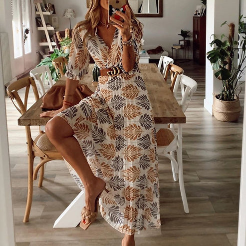 Kvinna Lång Sommar Klänning | Mönstrad, Elegant | Joli 1