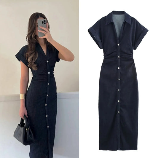 Kvinna Denim Midi Klänning | Elegant, Slim Fit | Lina 0