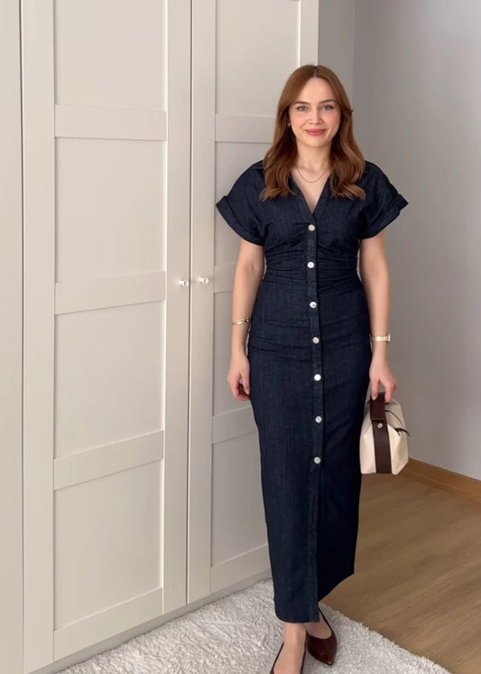 Kvinna Denim Midi Klänning | Elegant, Slim Fit | Lina 1
