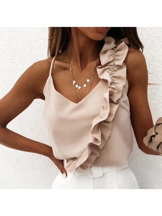 Kvinna Sommar Blus | V-Ringning, Rynkade Detaljer, Polyester 0