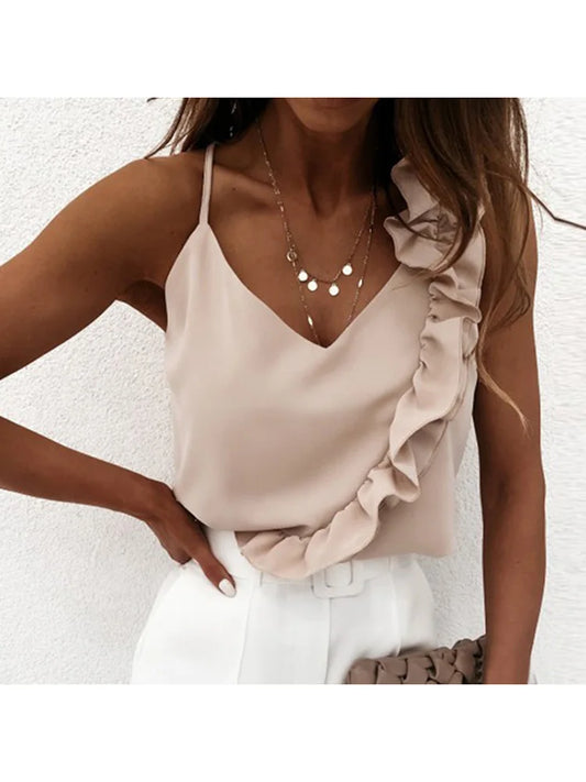 Kvinna Sommar Blus | V-Ringning, Rynkade Detaljer, Polyester 1